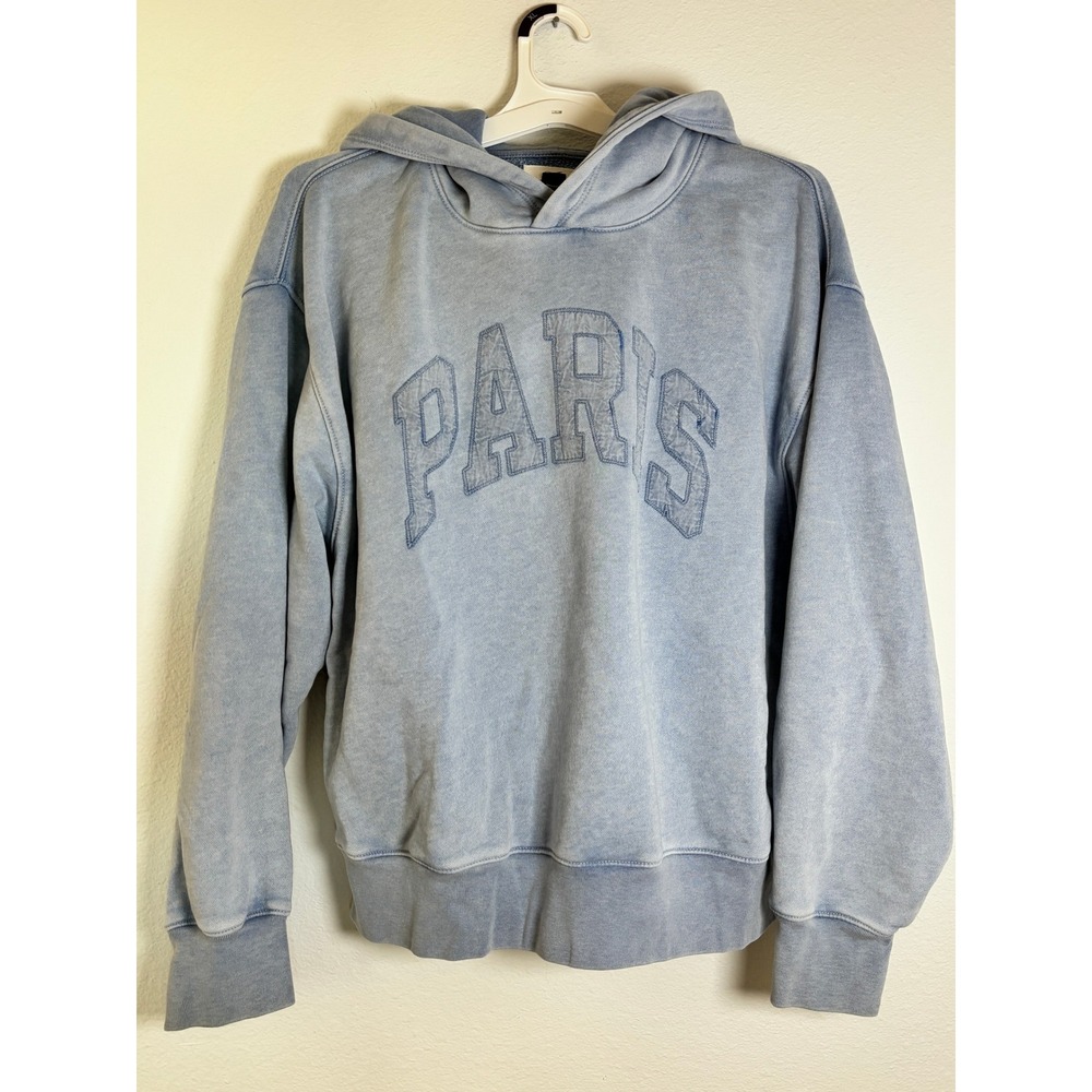 American Eagle Paris Applique Hoodie Faded Blue Fleece Pullover Small